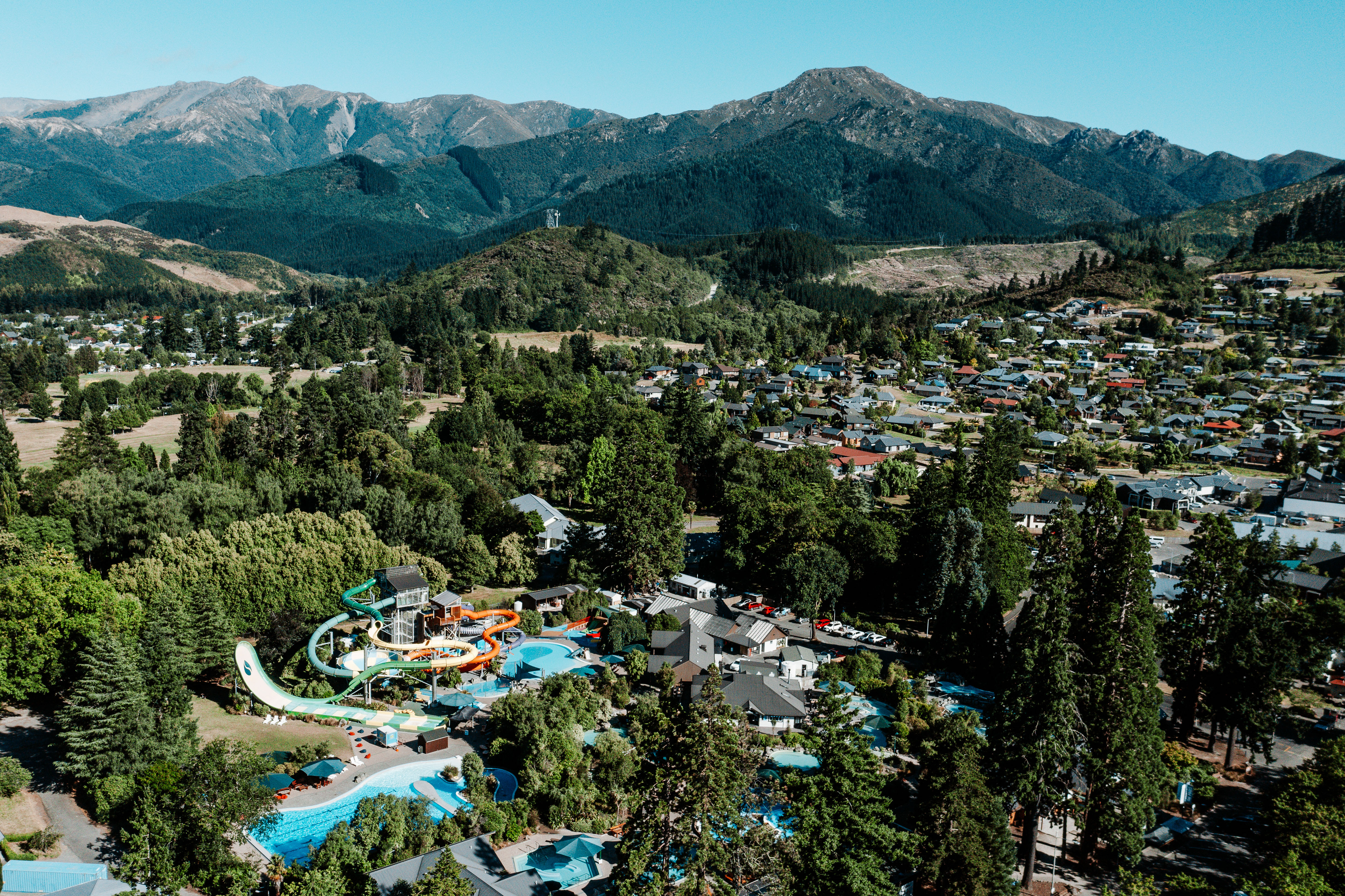 Wide mountain view of Hanmer Springs complex